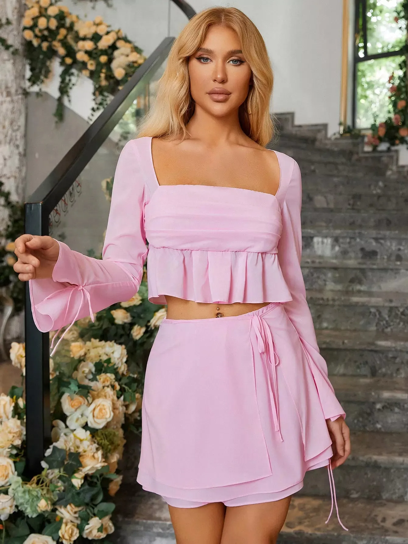 Lantern Sleeve Chiffon Top Skirt Set sold by Parthea Fashion product image thumbnail 5