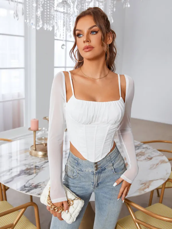 Boning Ruched Mesh Long Slevee Corset Top sold by Parthea Fashion