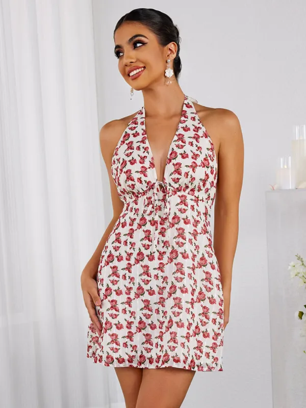 Halter Deep V-Neck Tie Front Mini Dress sold by Parthea Fashion