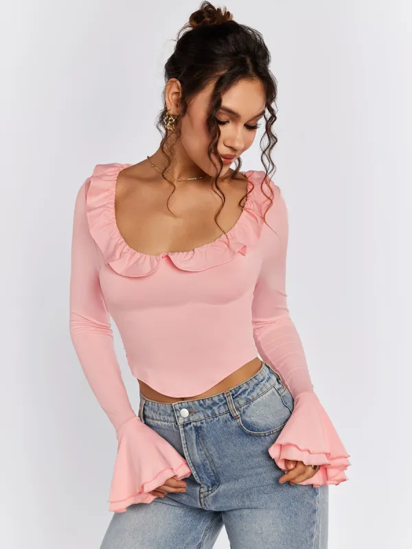 Flounce Sleeve Trim Tie Back Top sold by Parthea Fashion