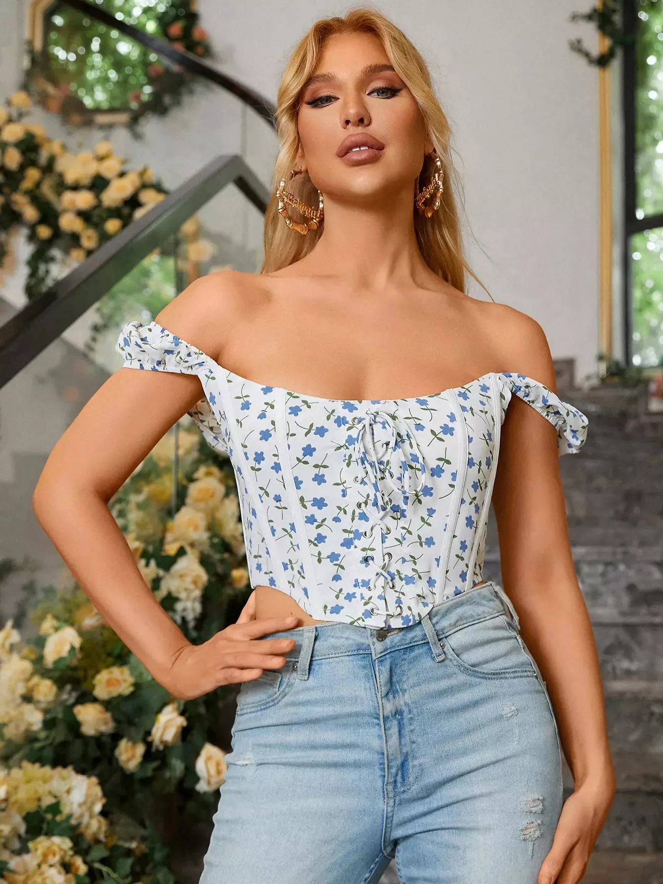 Off The Shoulder Floral Corset Top sold by Parthea Fashion
