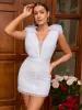Ruffle Trim Ruched Mesh Overlay Dress sold by Parthea Fashion