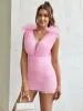 Ruffle Trim Ruched Mesh Overlay Dress sold by Parthea Fashion
