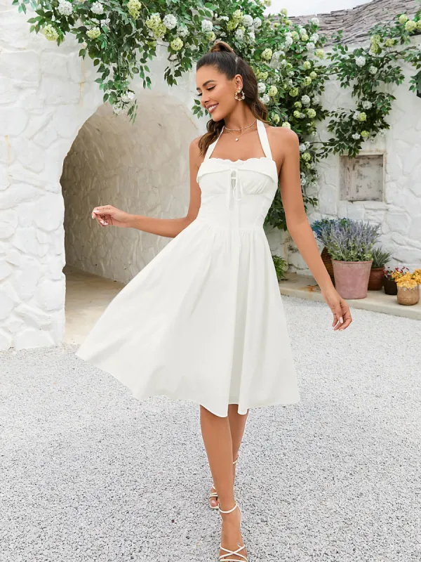 Solid Ruched Bust Tie Front Halter Dress sold by Parthea Fashion