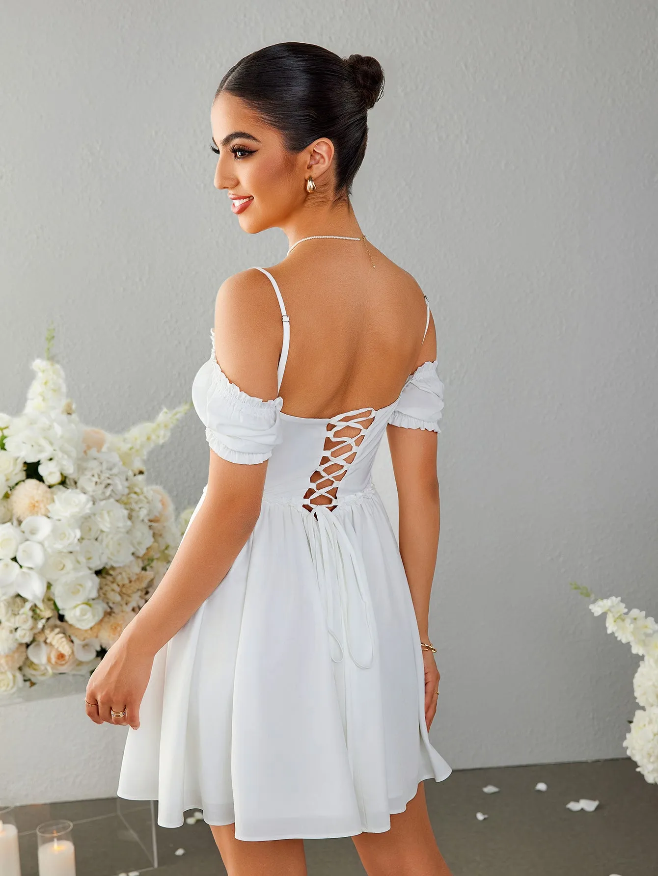 Off Shoulder Crisscross Tie Back Mini Dress sold by Parthea Fashion product image thumbnail 2