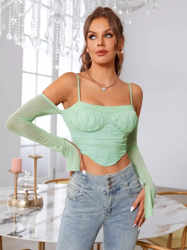 Ruched Bust Cold Shoulder Bandana Hem Crop Mesh Top sold by Parthea Fashion