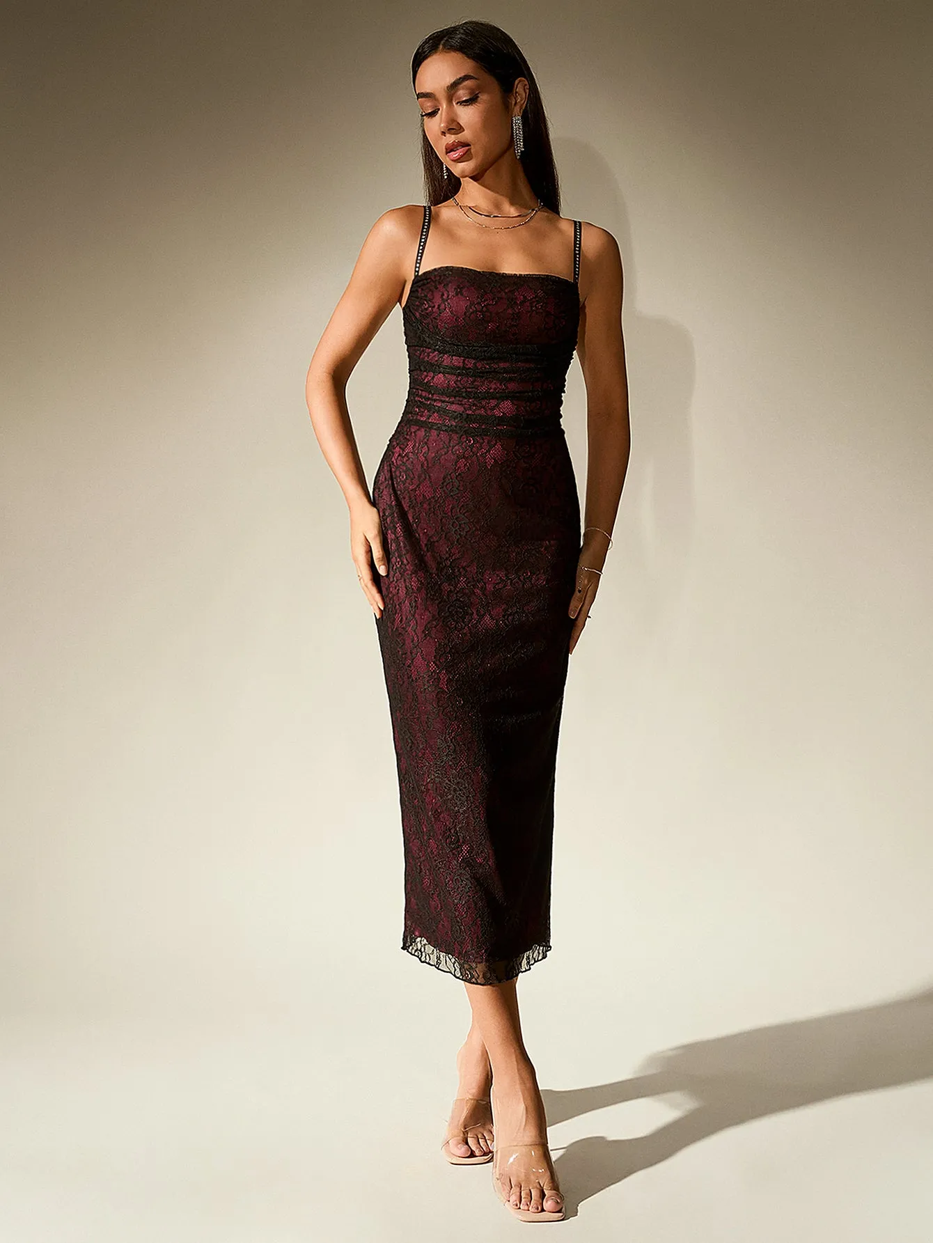 Lace Contrast Ruched Bodycon Dress sold by Parthea Fashion