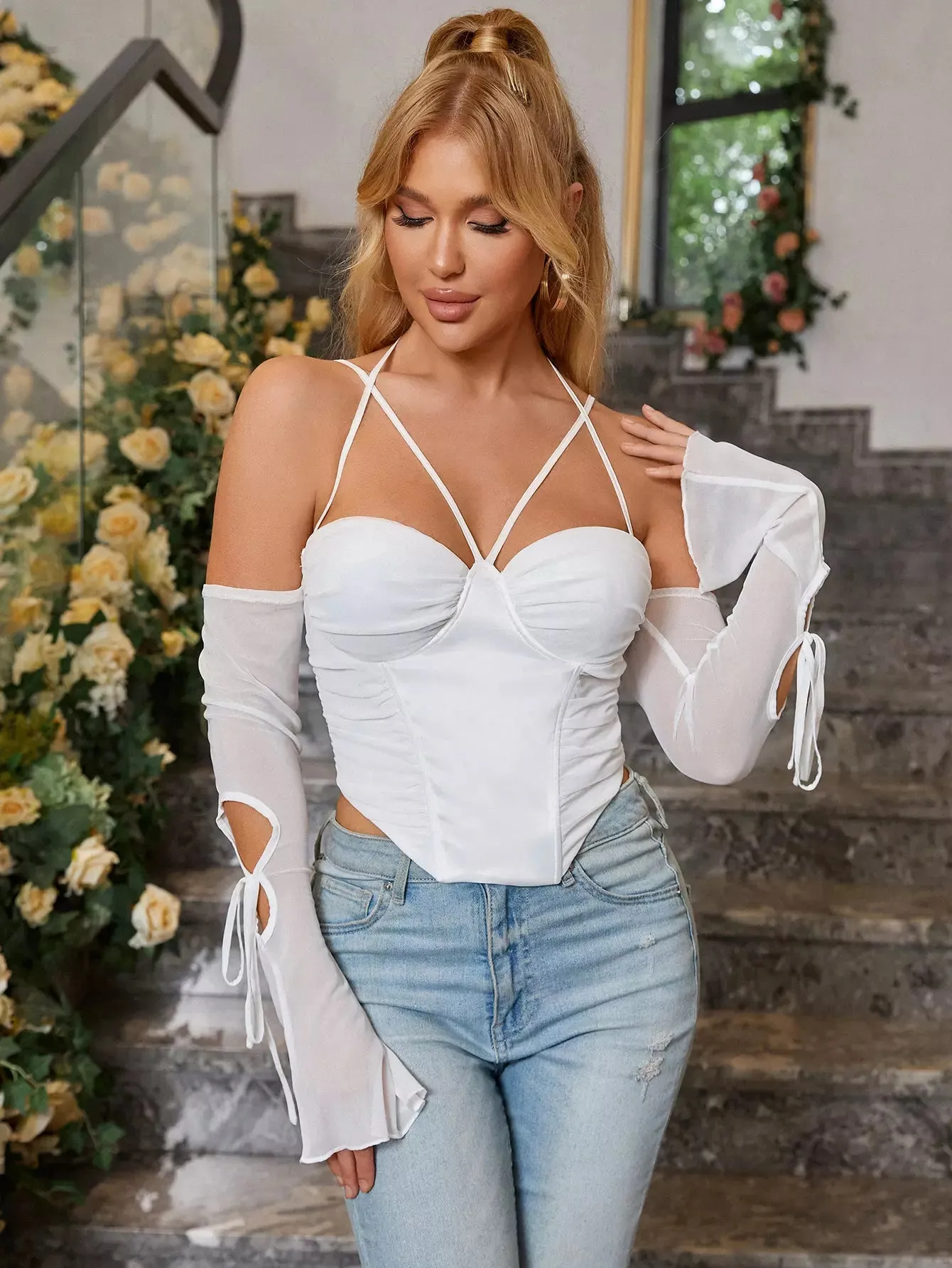 Off Shoulder Long Sleeve Halter Top sold by Parthea Fashion