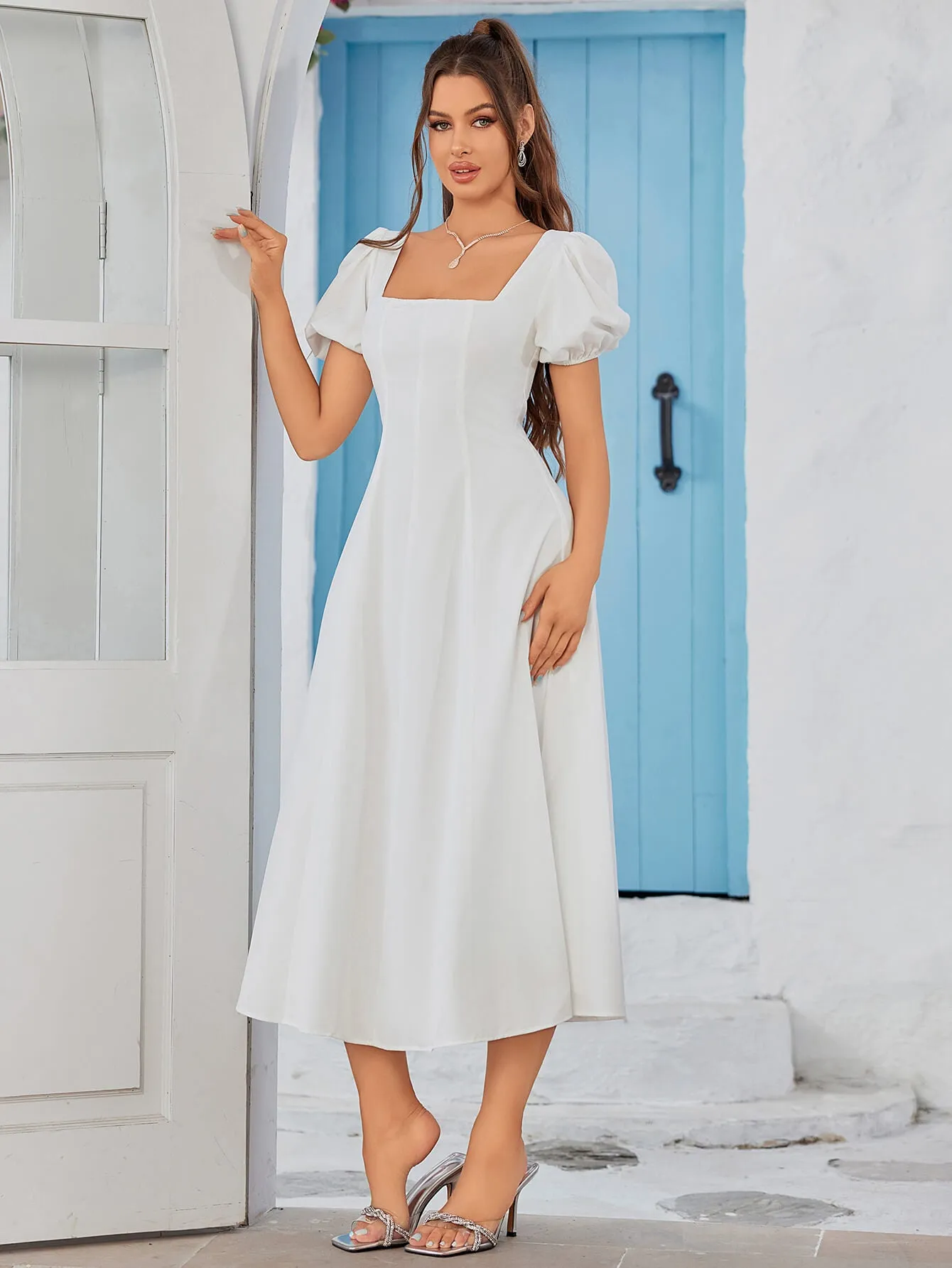 Square Neck Puff Sleeve Ruched Bust Midi Dress sold by Parthea Fashion product image thumbnail 4
