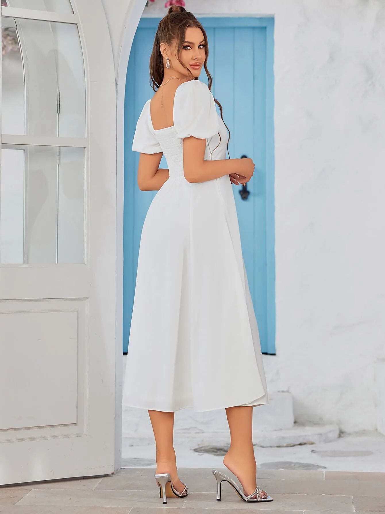 Square Neck Puff Sleeve Ruched Bust Midi Dress sold by Parthea Fashion product image thumbnail 2