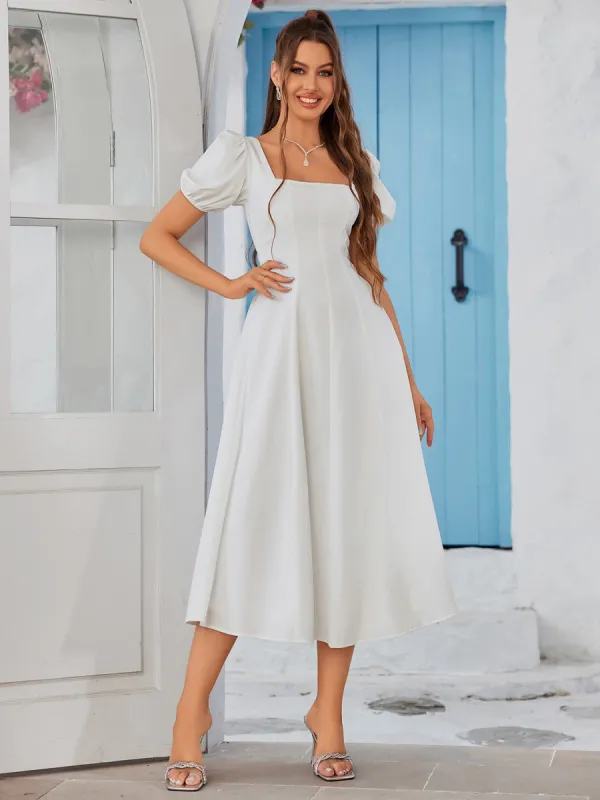 Square Neck Puff Sleeve Ruched Bust Midi Dress sold by Parthea Fashion
