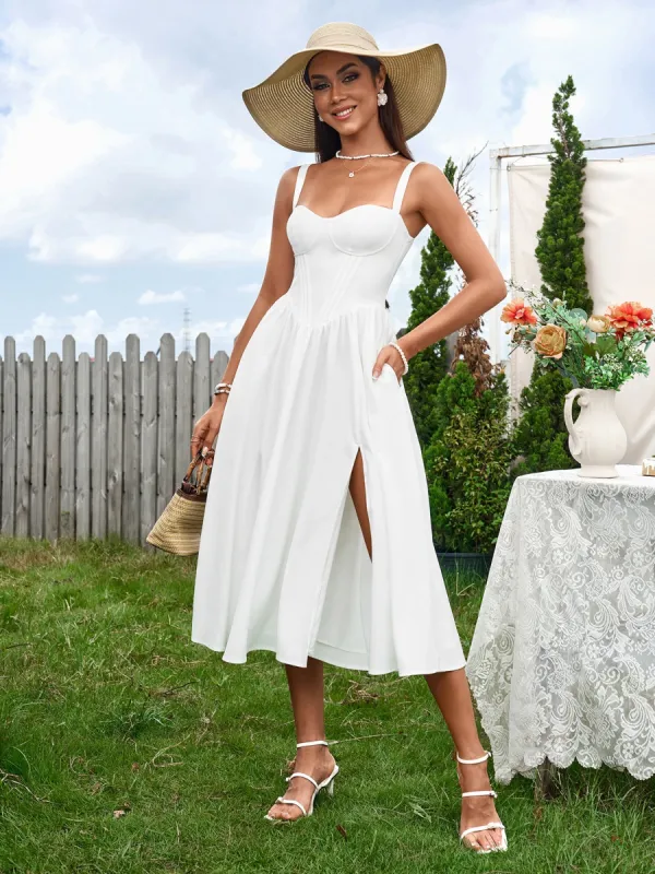 Crisscross Tie Back Ruched Corset Split Dress sold by Parthea Fashion