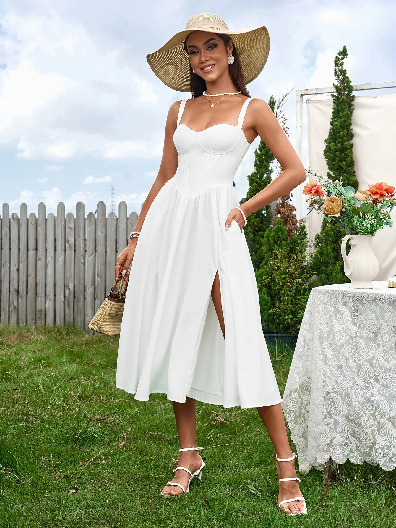 Crisscross Tie Back Ruched Corset Split Dress sold by Parthea Fashion