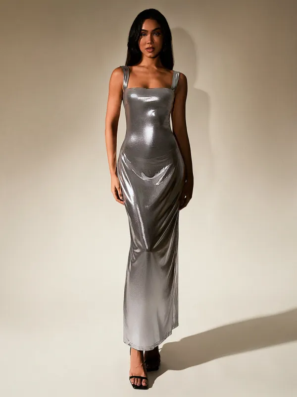 Cut Out Misty Gold Metallic Bodycon Maxi Dress sold by Parthea Fashion