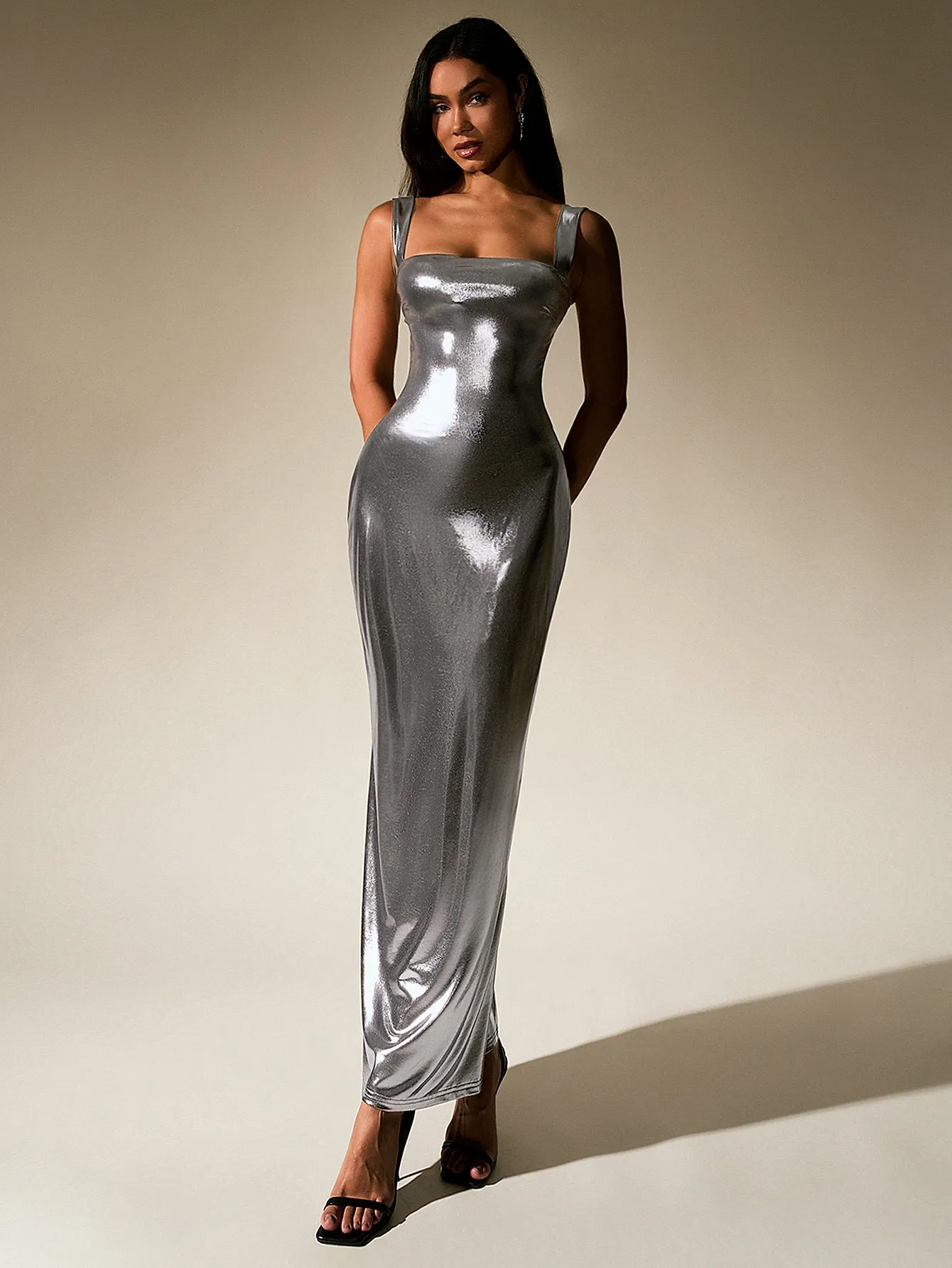 Cut Out Misty Gold Metallic Bodycon Maxi Dress sold by Parthea Fashion product image thumbnail 4