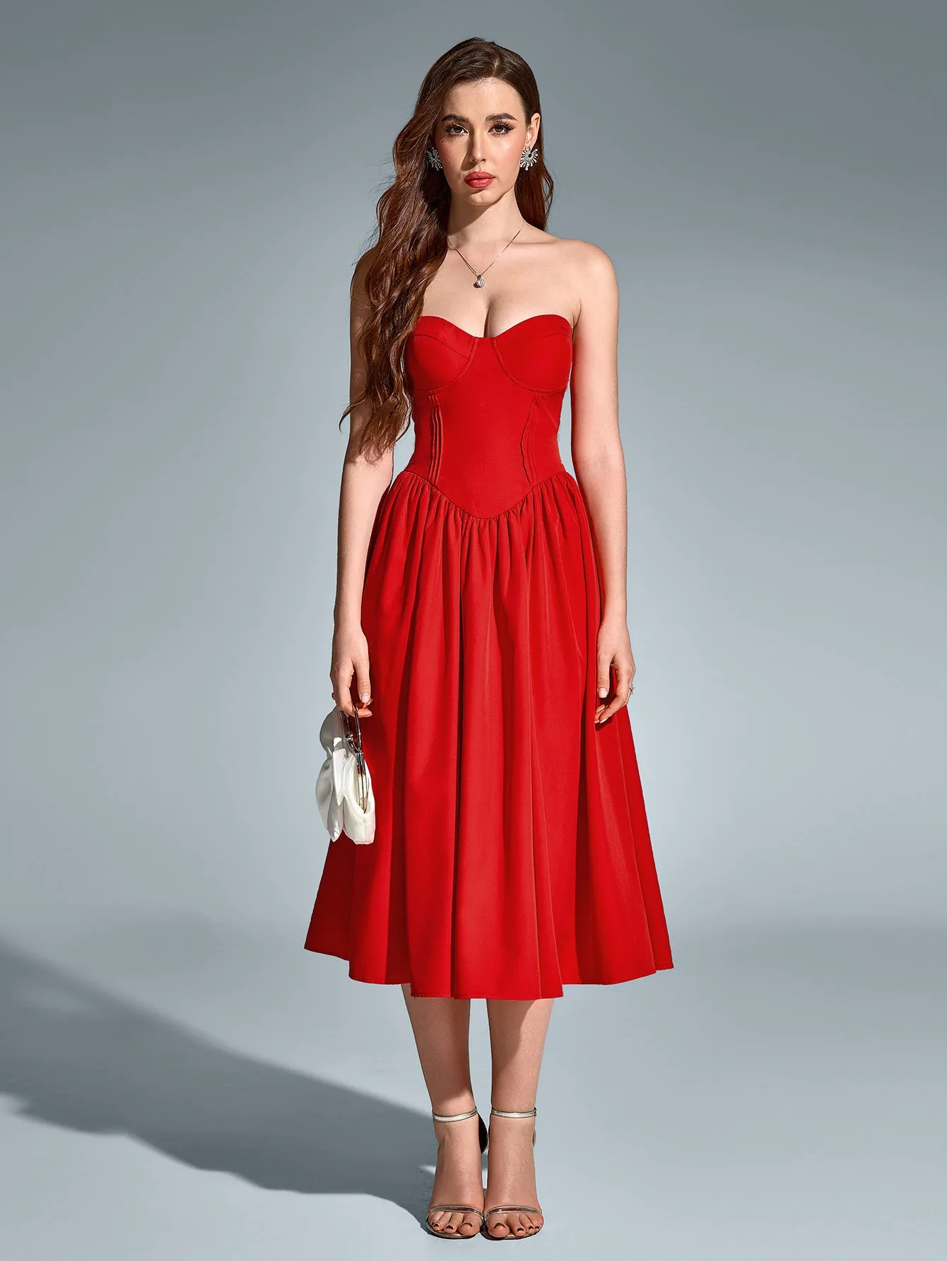 Pleat Corset Flared Hem Midi Dress sold by Parthea Fashion