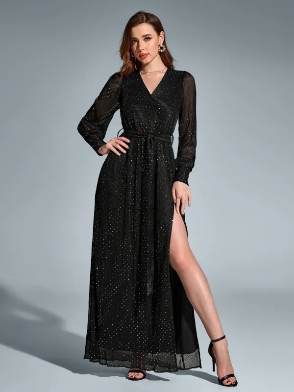 V-Neck Side Split Tie Round Dot Ruched Maxi Dress sold by Parthea Fashion