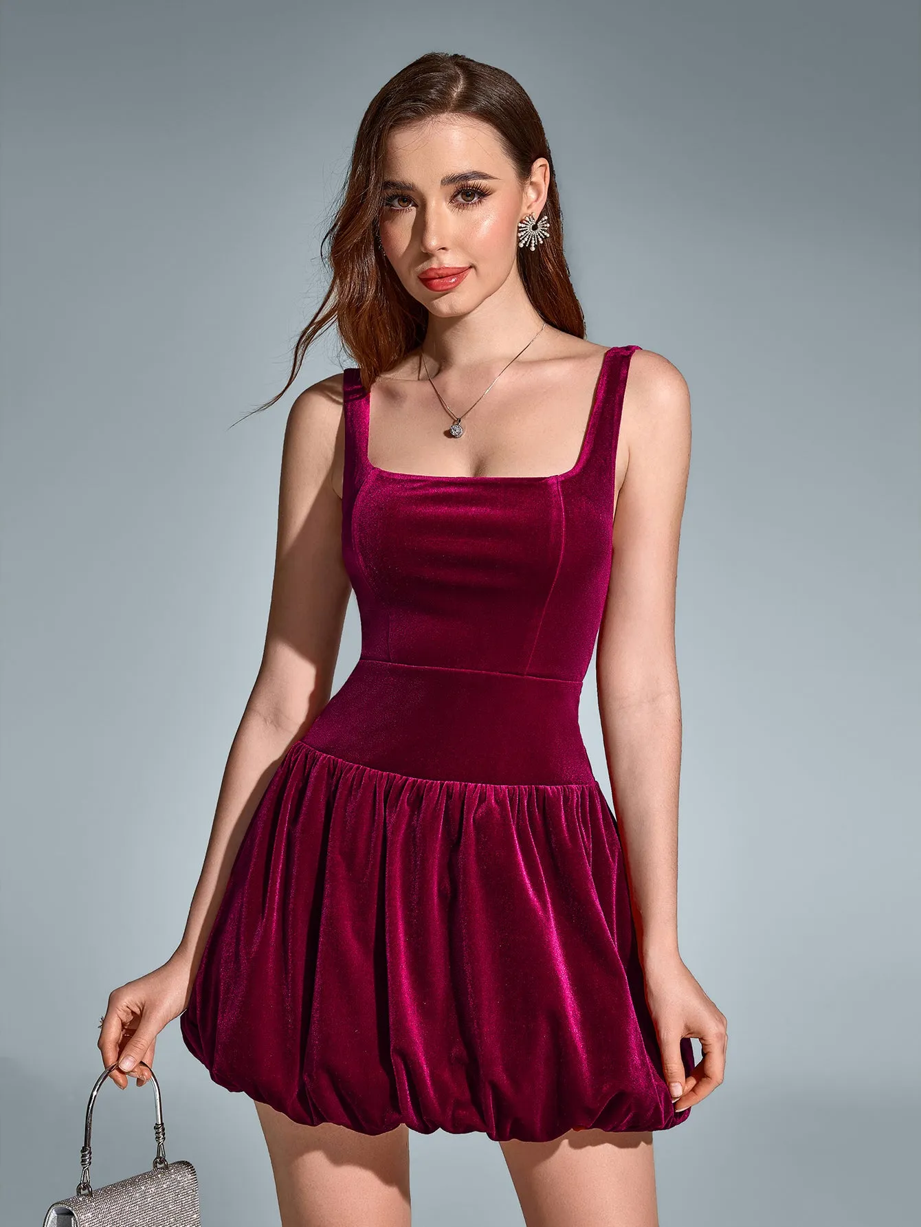 Square Neck Backless Velvet Pleated Hem Dress sold by Parthea Fashion product image thumbnail 4