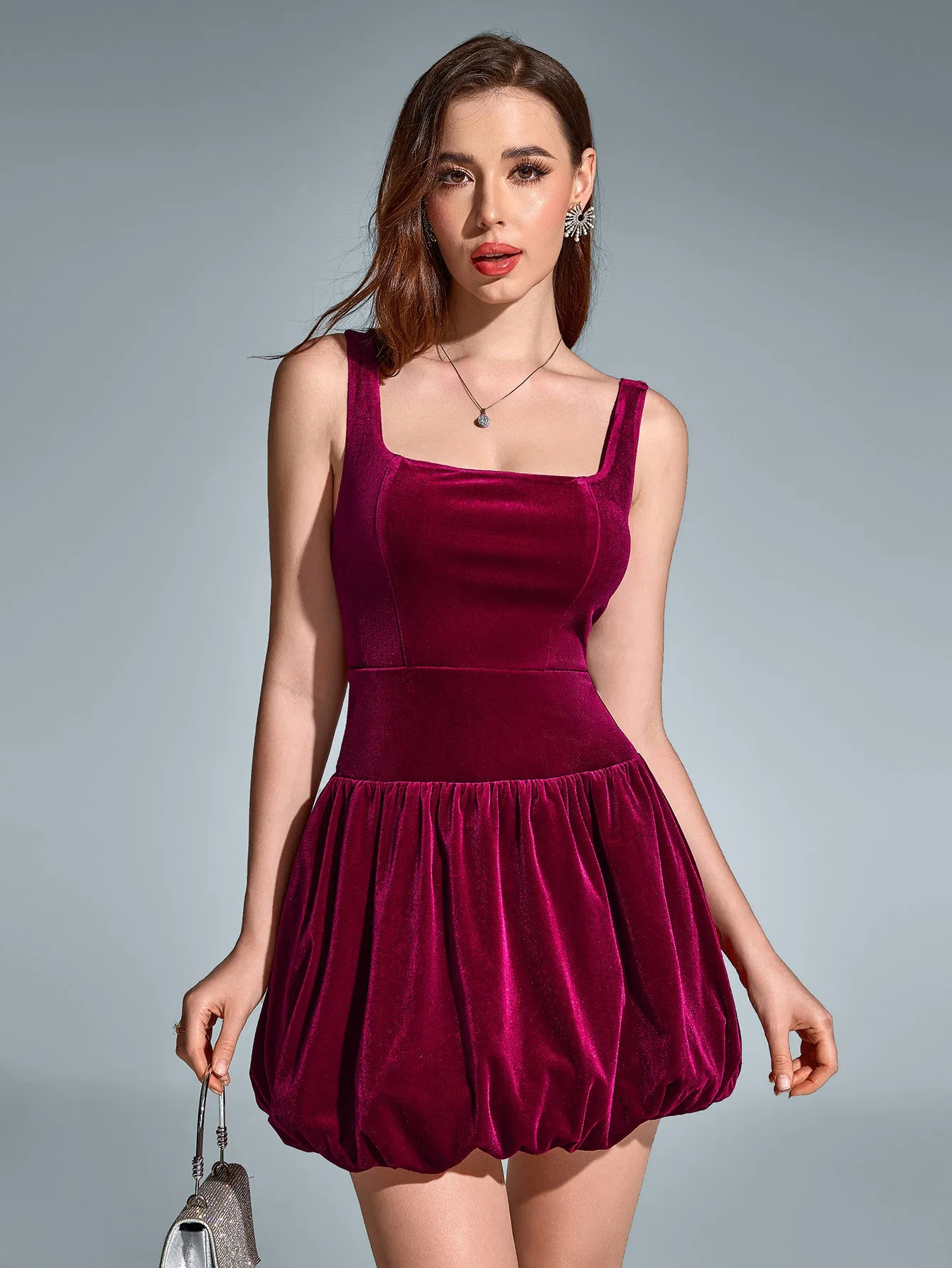 Square Neck Backless Velvet Pleated Hem Dress sold by Parthea Fashion