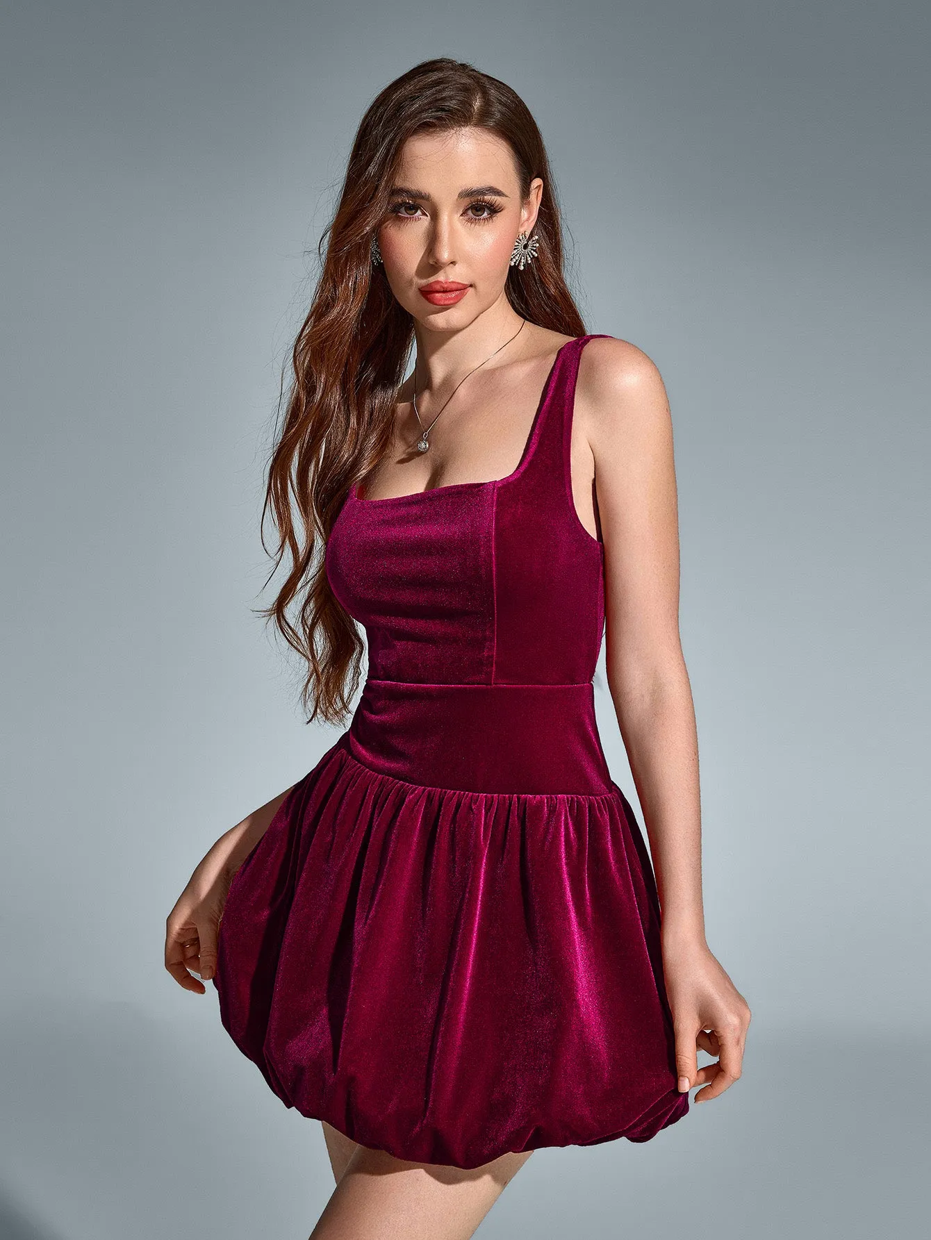 Square Neck Backless Velvet Pleated Hem Dress sold by Parthea Fashion product image thumbnail 3