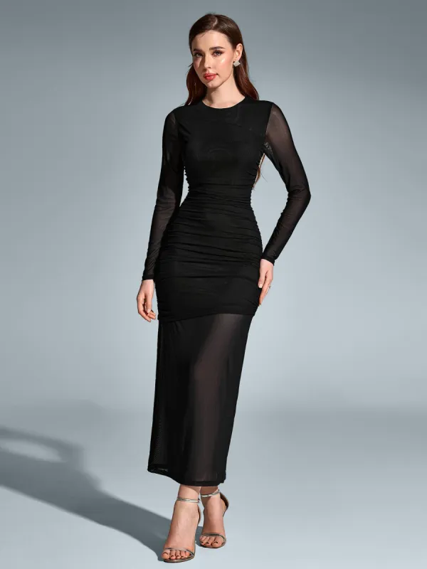 Round Neck Ruched Mesh Bodycon Dress sold by Parthea Fashion