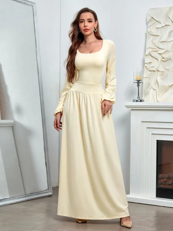 Puff Sleeve Square Neck Flared Bodycon Long Dress sold by Parthea Fashion