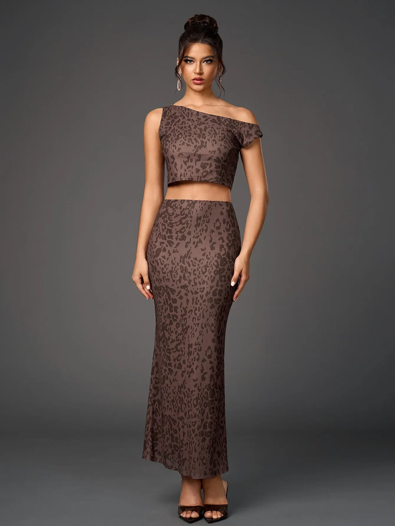 One Shoulder Draped Tie Backless Top&Mesh Print Bodycon Skirt sold by Parthea Fashion product image thumbnail 5
