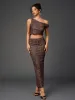 One Shoulder Draped Tie Backless Top&Mesh Print Bodycon Skirt sold by Parthea Fashion