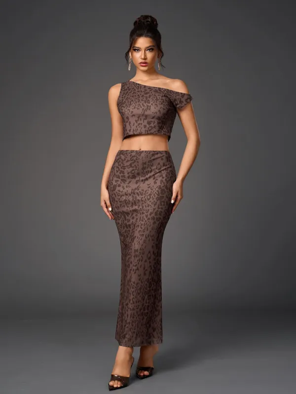 One Shoulder Draped Tie Backless Top&Mesh Print Bodycon Skirt sold by Parthea Fashion