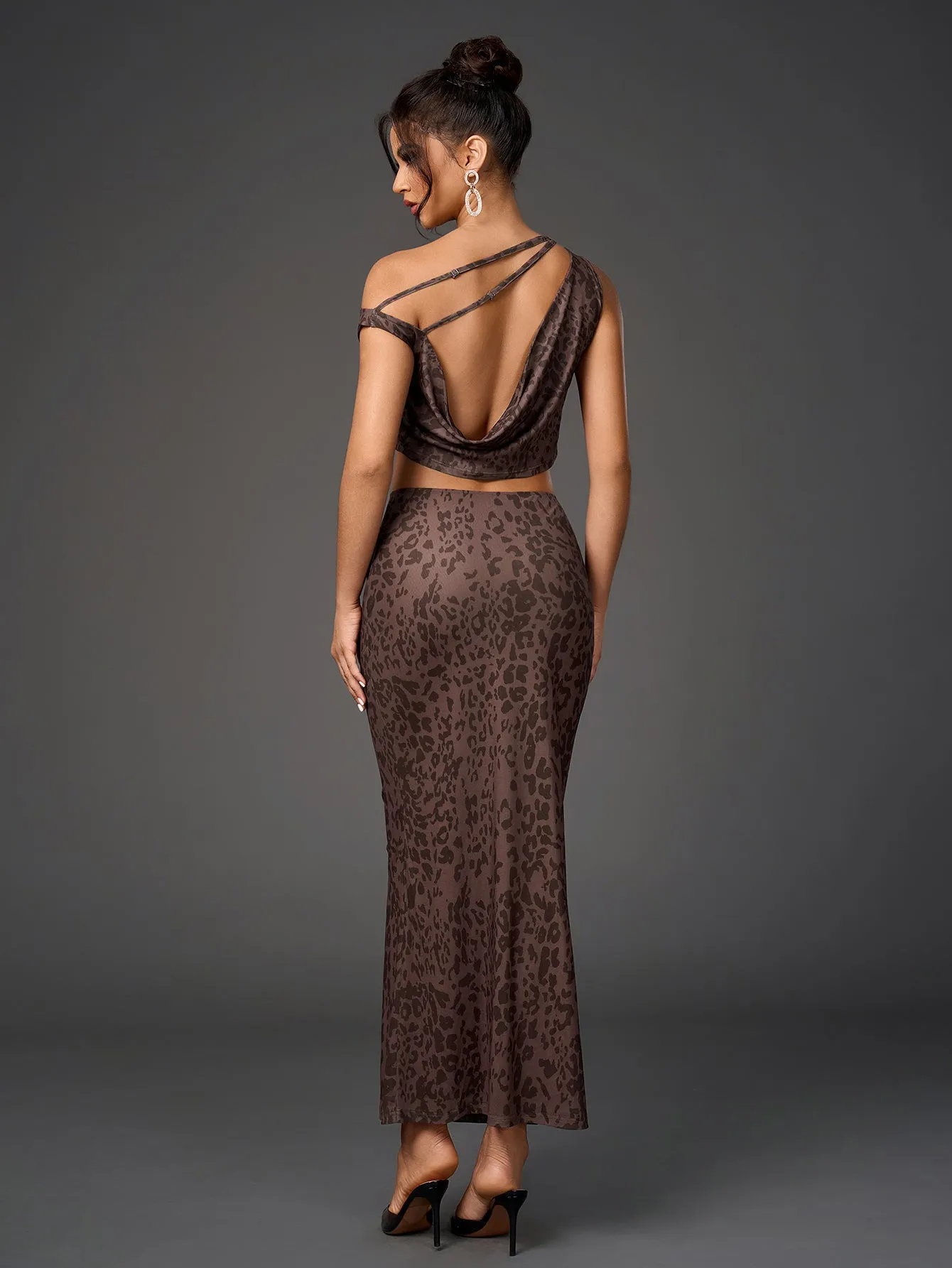 One Shoulder Draped Tie Backless Top&Mesh Print Bodycon Skirt sold by Parthea Fashion product image thumbnail 2