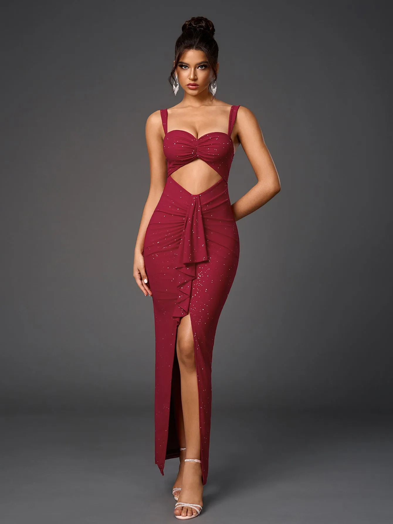 Cut Out Flounce Trim Ruched Glitter Mesh Dress sold by Parthea Fashion