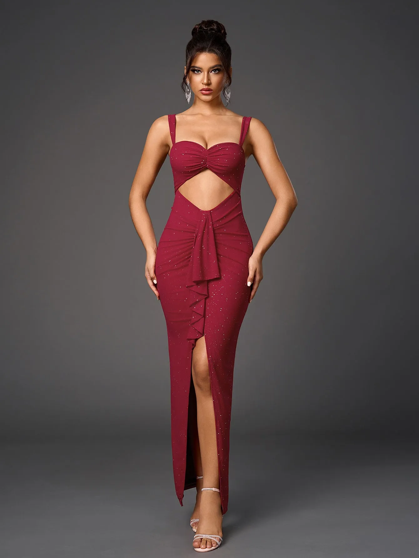 Cut Out Flounce Trim Ruched Glitter Mesh Dress sold by Parthea Fashion product image thumbnail 5