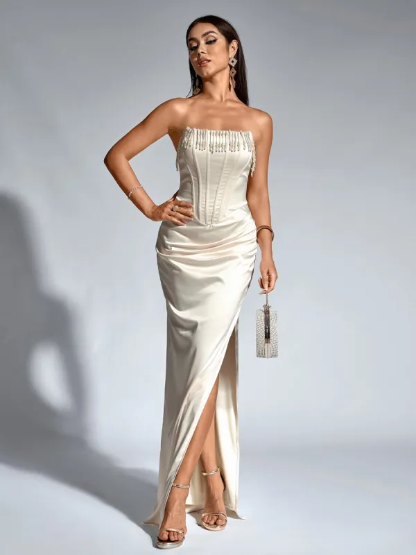 Backless Boning Beade Decoration Split Ruched Tube Dress sold by Parthea Fashion