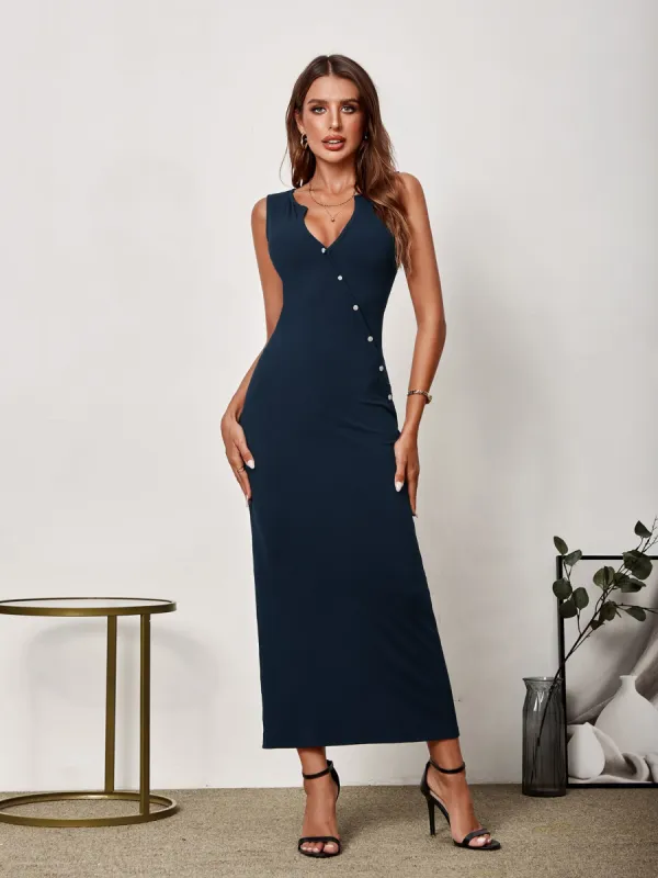 V-Neck Button Placket Back Split Bodycon Dress sold by Parthea Fashion