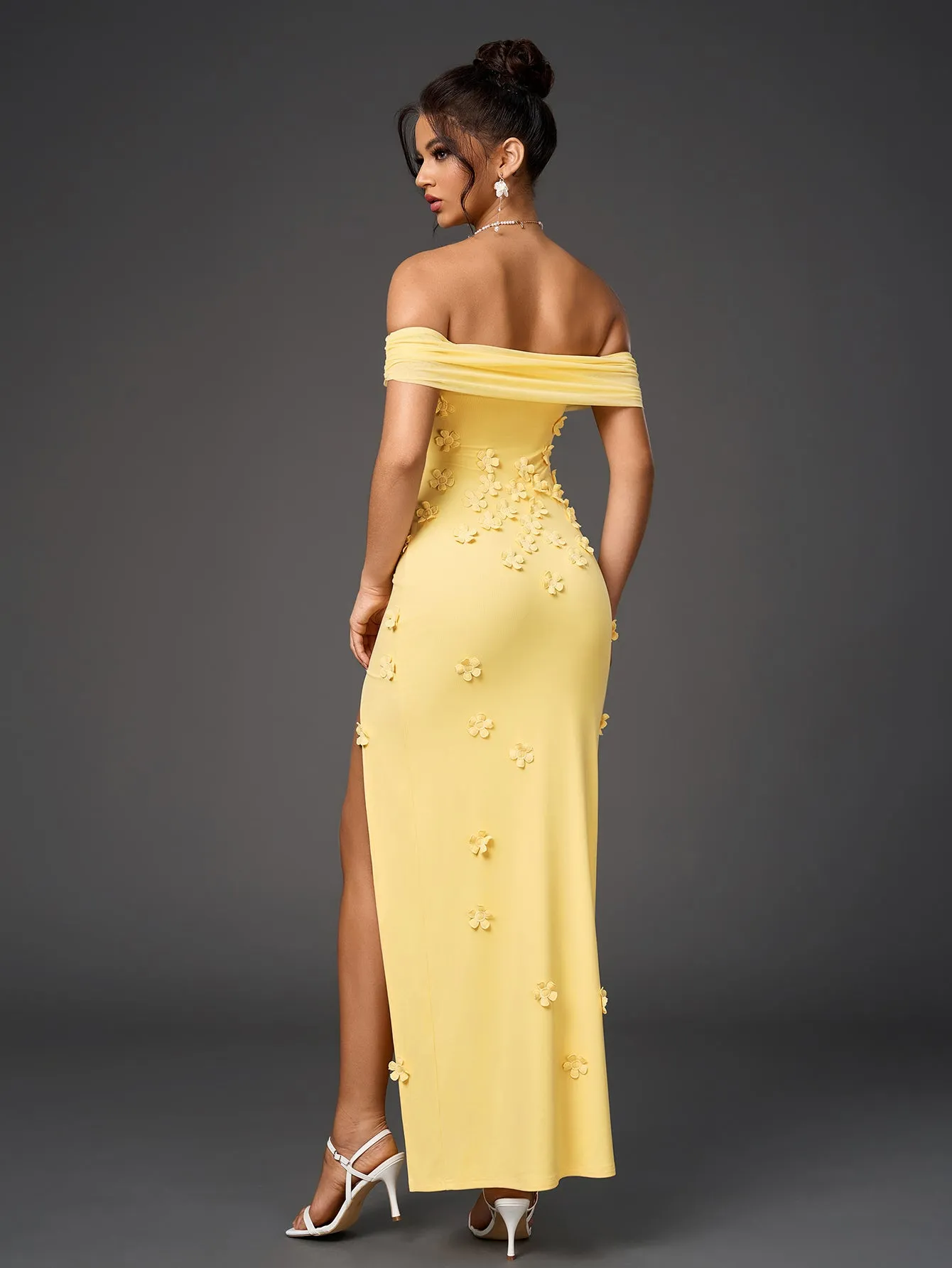 Off Shoulder Floral Applique Ecoration Split Mesh Dress sold by Parthea Fashion product image thumbnail 2