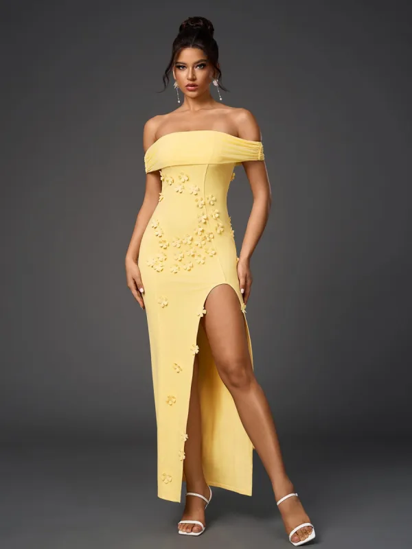 Off Shoulder Floral Applique Ecoration Split Mesh Dress sold by Parthea Fashion