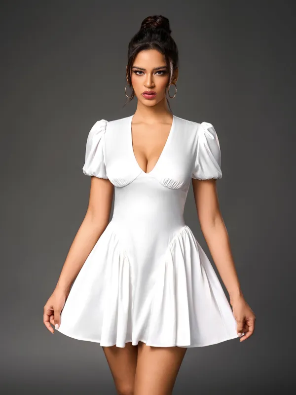Deep V-Neck Puff Sleeve Pleated Satin Dress sold by Parthea Fashion