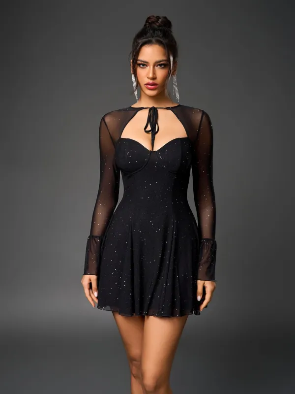 Flounce Sleeve Tie Front Glitter Mesh Flared Dress sold by Parthea Fashion