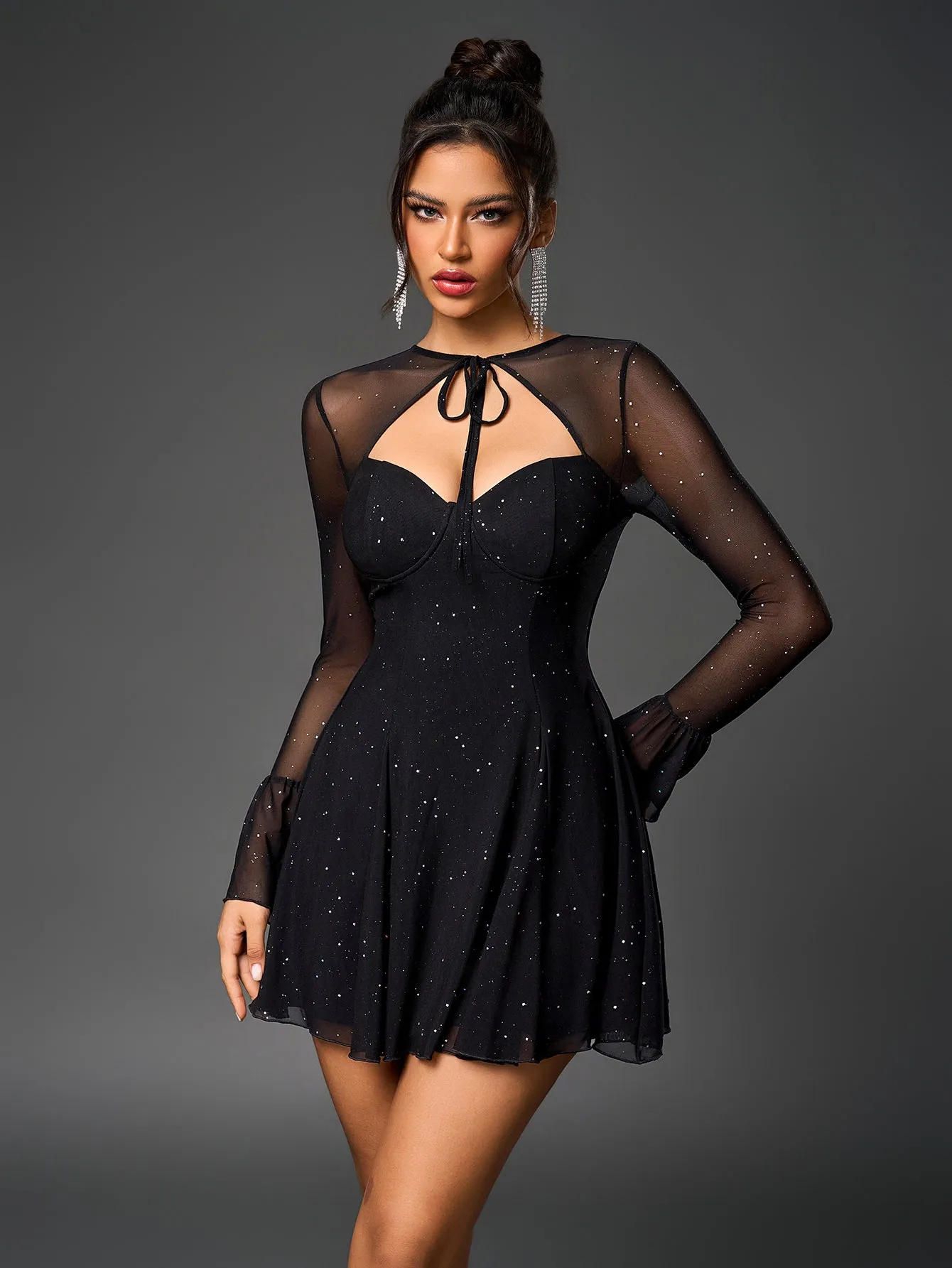 Flounce Sleeve Tie Front Glitter Mesh Flared Dress sold by Parthea Fashion product image thumbnail 4