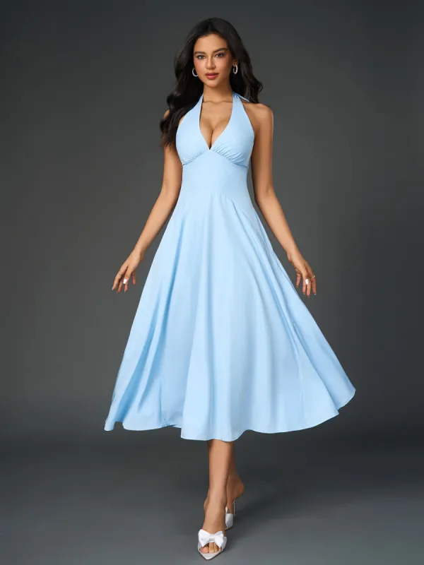 Deep V-Neck Halter Ruched Back Solid Dress sold by Parthea Fashion