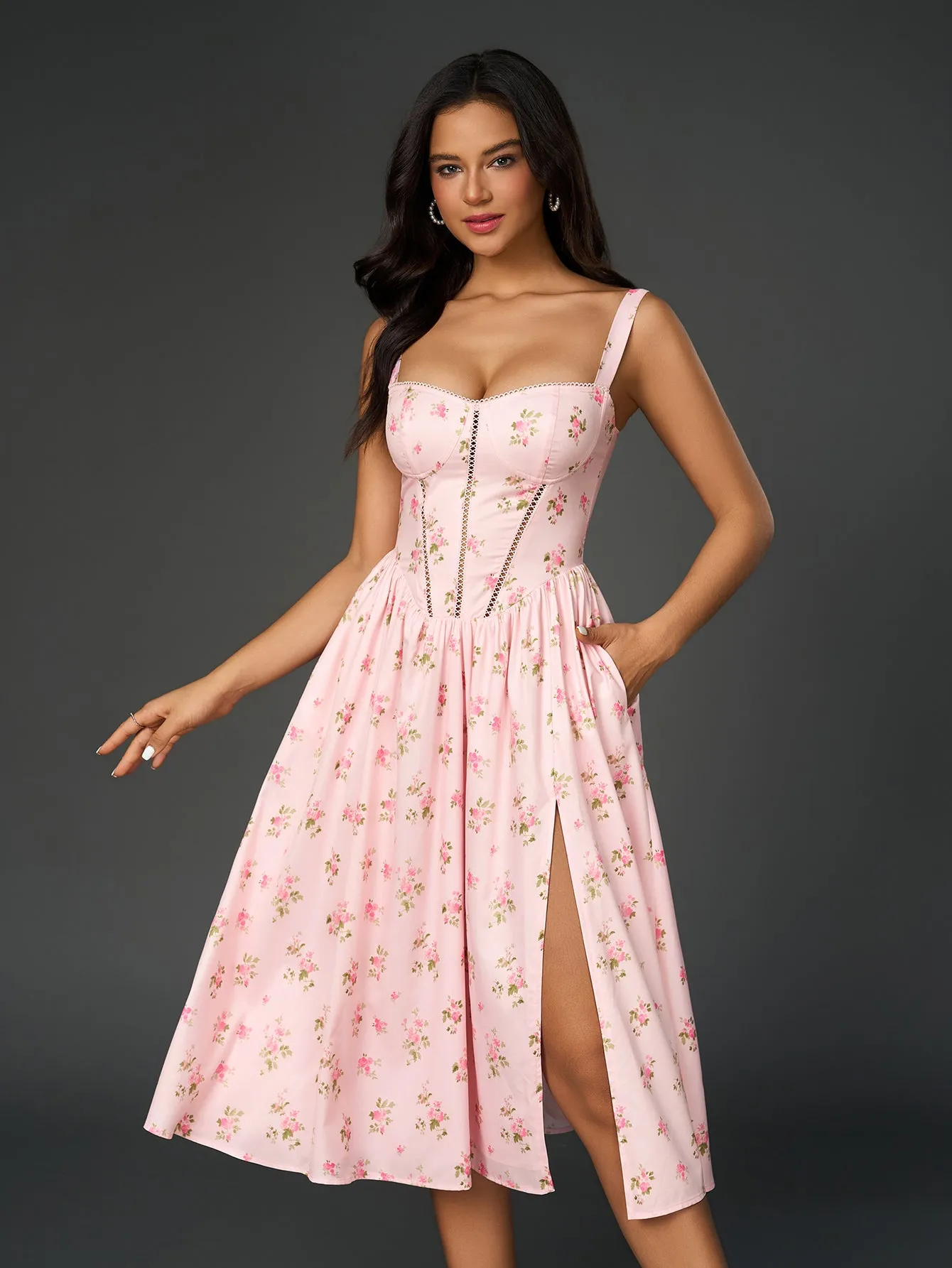 Openwork Split Thigh Pocket Floral Print Dress sold by Parthea Fashion product image thumbnail 3