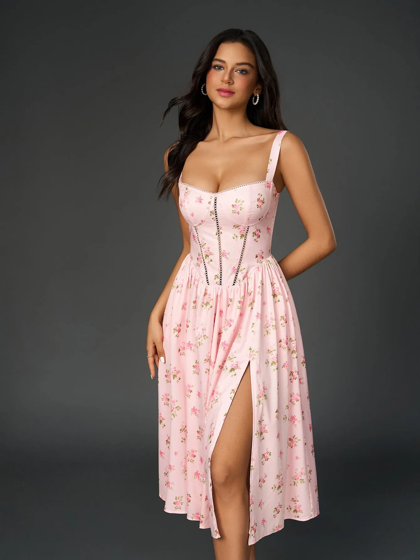 Openwork Split Thigh Pocket Floral Print Dress sold by Parthea Fashion