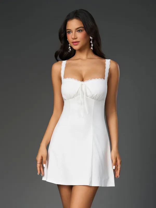Lace Trim Square Neck Solid Mini Dress sold by Parthea Fashion