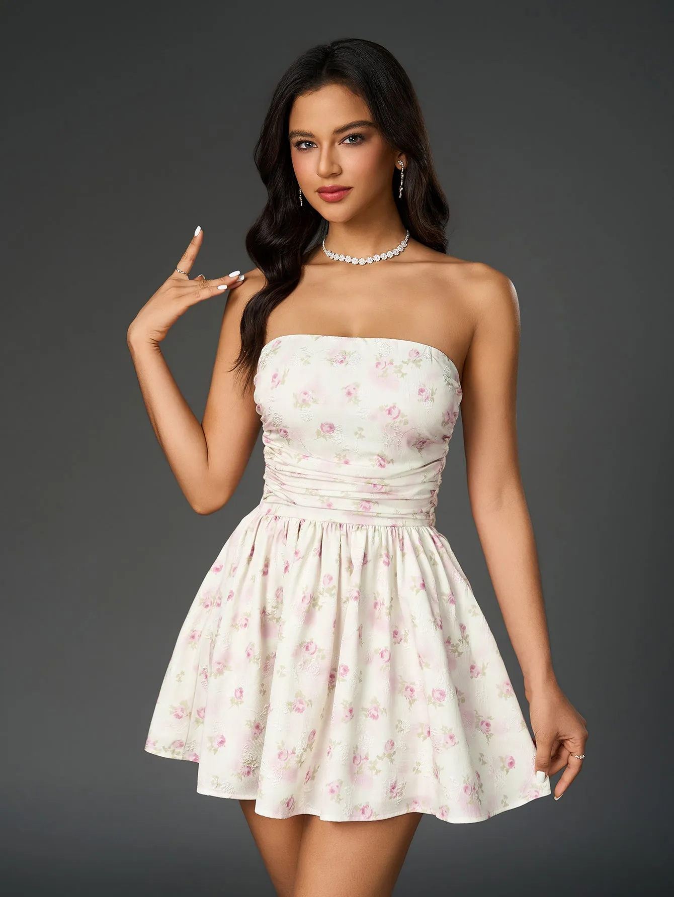 Ruched Bow Tie Back Floral Print Tube Dress sold by Parthea Fashion product image thumbnail 5