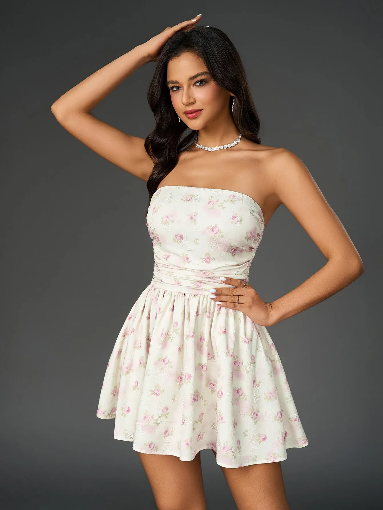 Ruched Bow Tie Back Floral Print Tube Dress sold by Parthea Fashion product image thumbnail 3