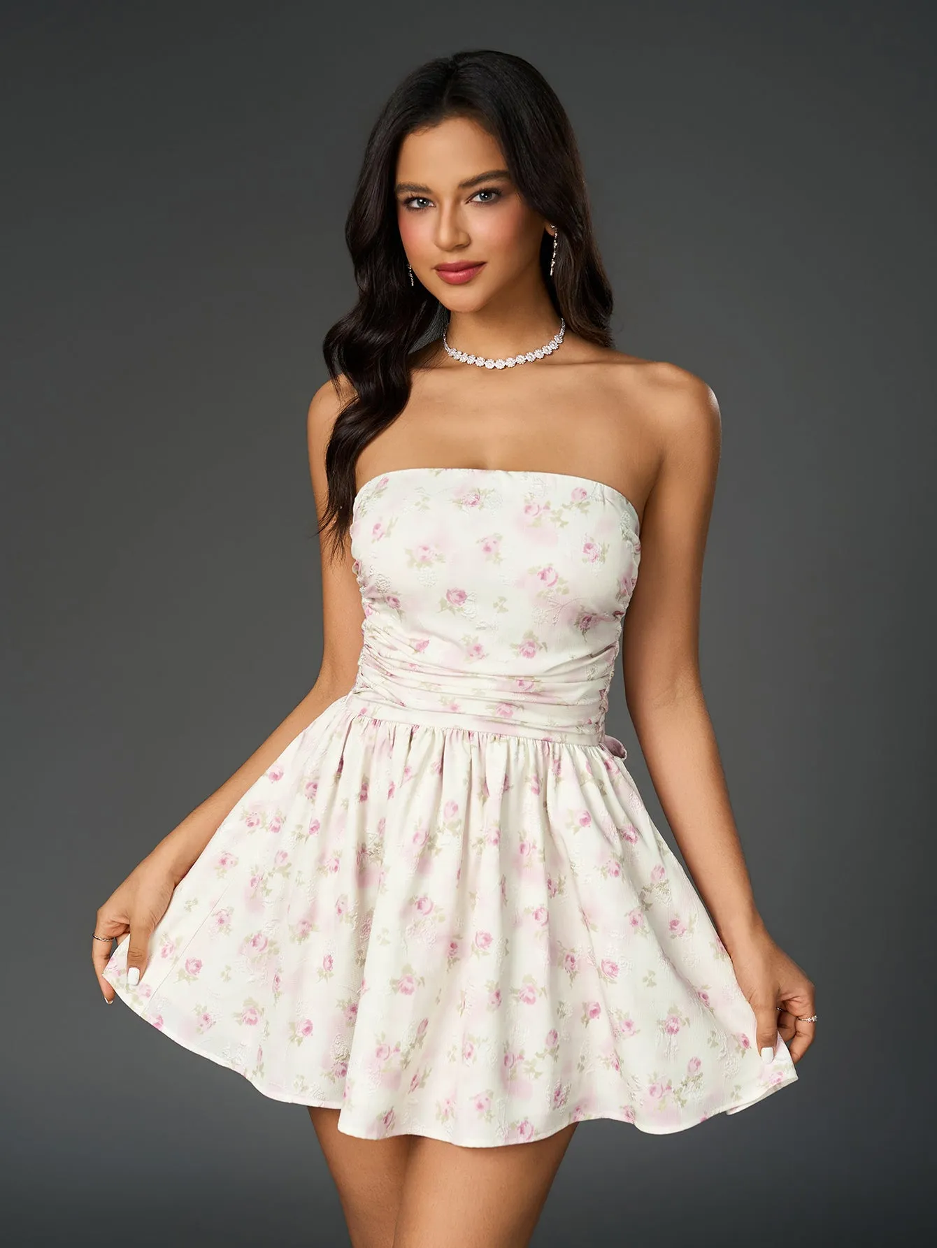 Ruched Bow Tie Back Floral Print Tube Dress sold by Parthea Fashion