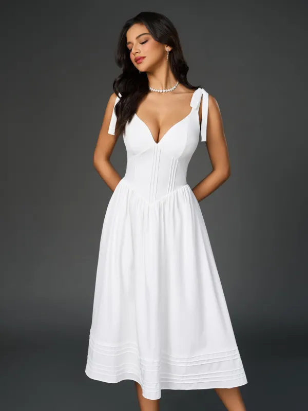 Tie Shoulder V-Neck Pleated Pocket Solid Dress sold by Parthea Fashion