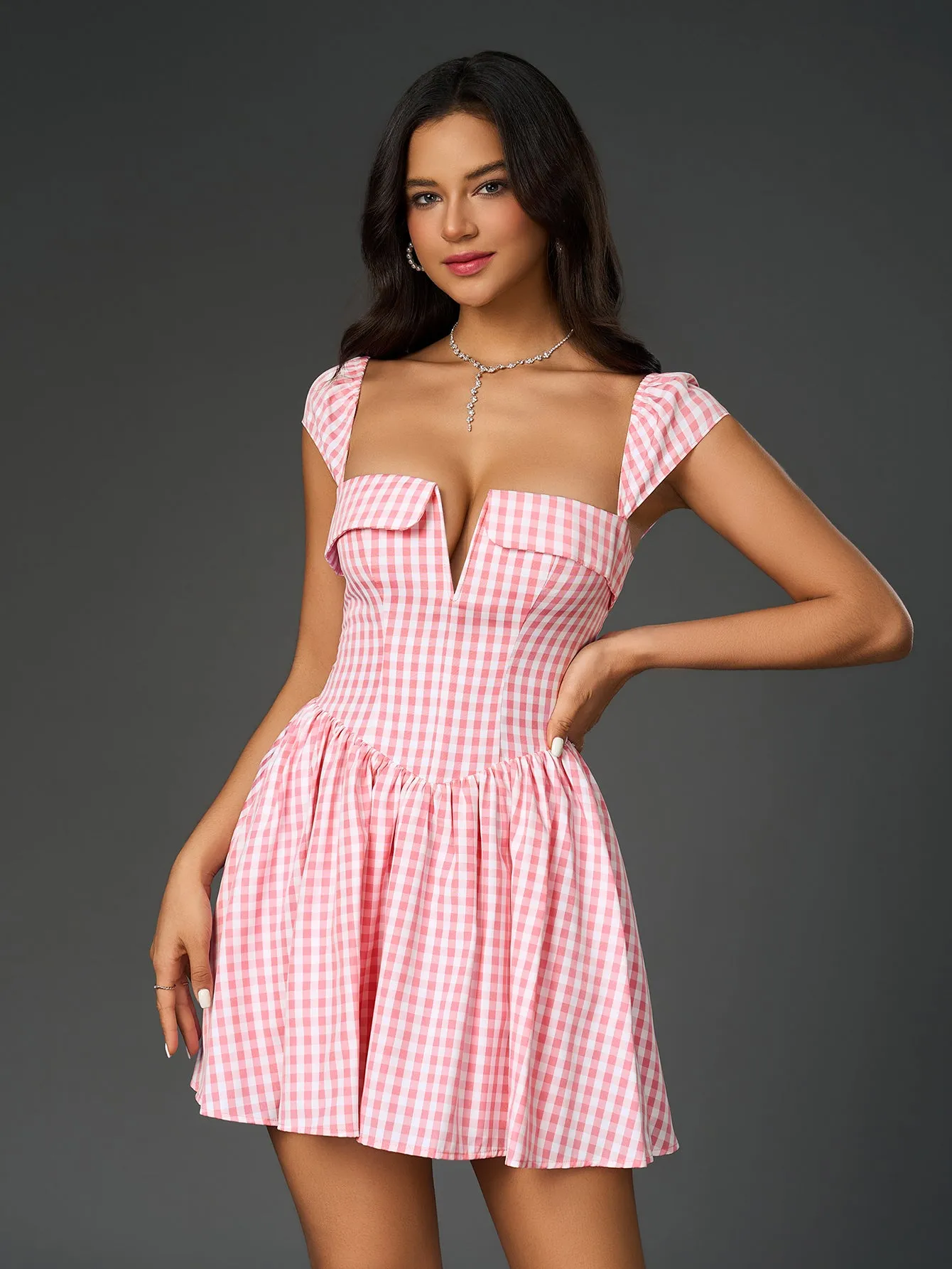 Fly Sleeve V-Neck Plaid Print Mini Dress sold by Parthea Fashion product image thumbnail 4