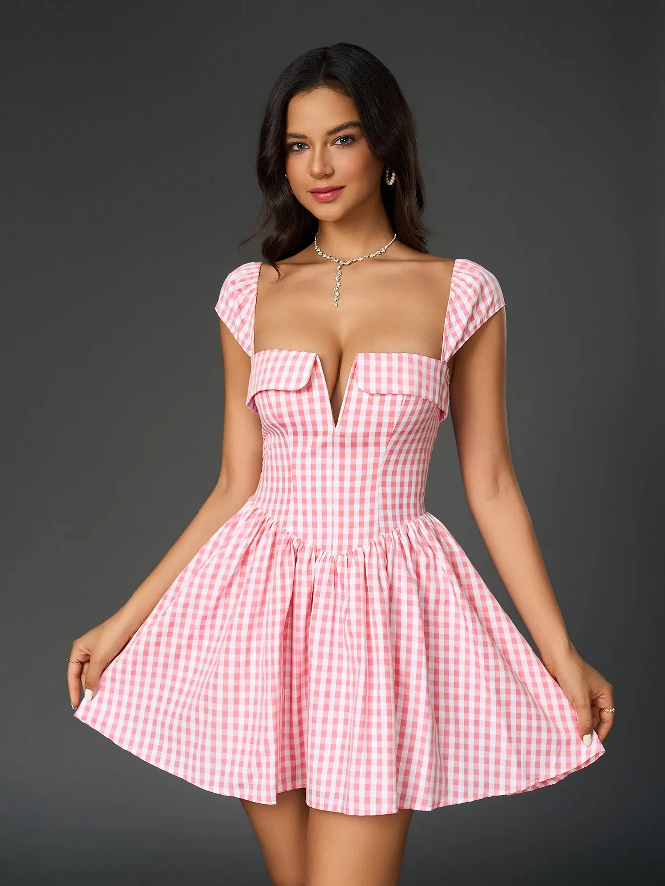 Fly Sleeve V-Neck Plaid Print Mini Dress sold by Parthea Fashion product image thumbnail 5