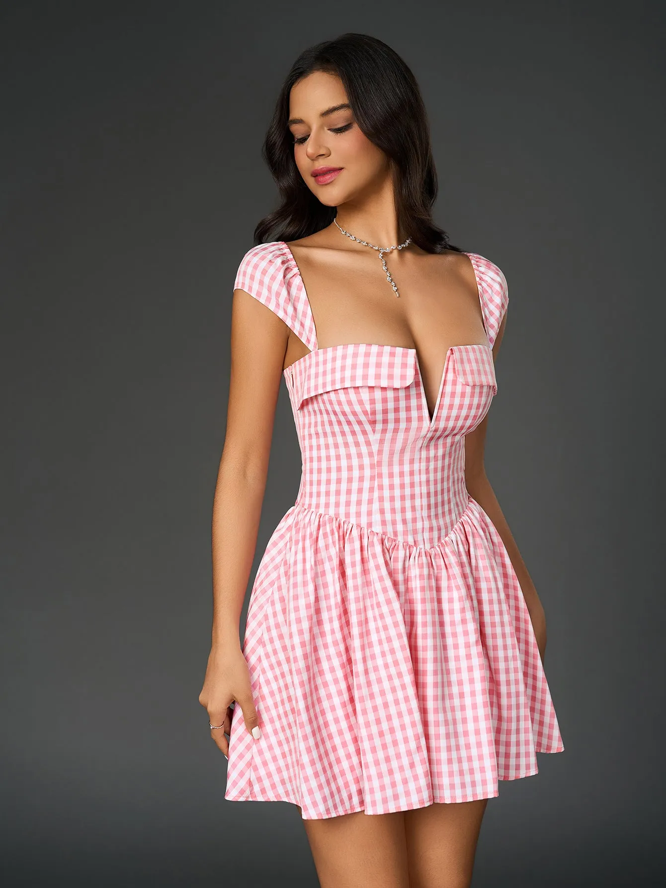 Fly Sleeve V-Neck Plaid Print Mini Dress sold by Parthea Fashion product image thumbnail 3